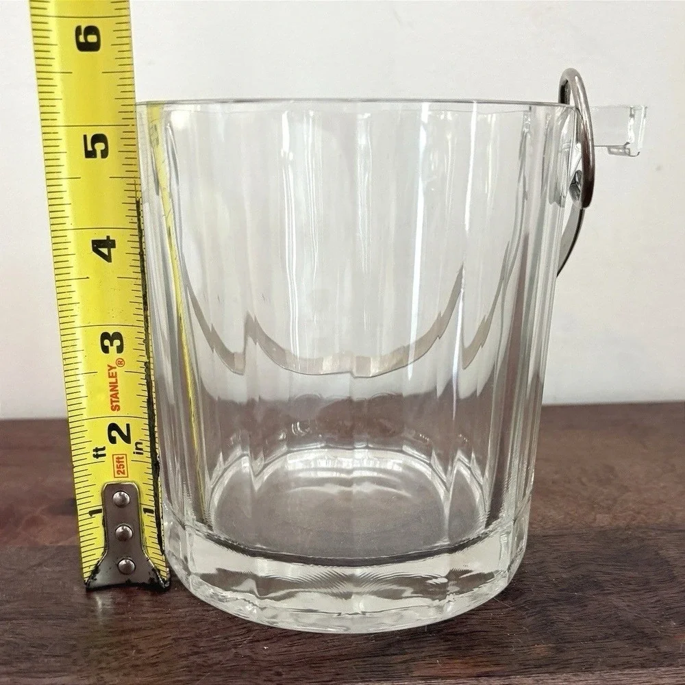 Vintage Clear Paneled Glass Ice‎ Bucket with Silver Tone Metal Swing Handle
